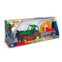 Tractor con pala y remolque retroexcavadora en caja