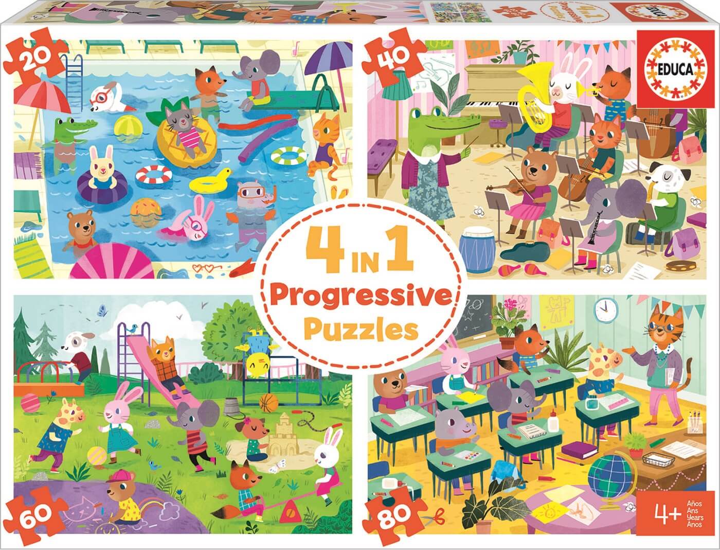 4 in 1 Progressive Puzzles 20-40-60-80  Un dia en la Escuela ( Educa 18904 ) imagen b
